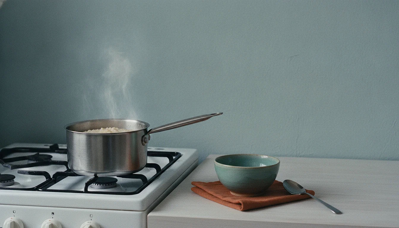 A small saucepan of porridge on a stove with one small empty bowl and spoon waiting beside it in morning light.