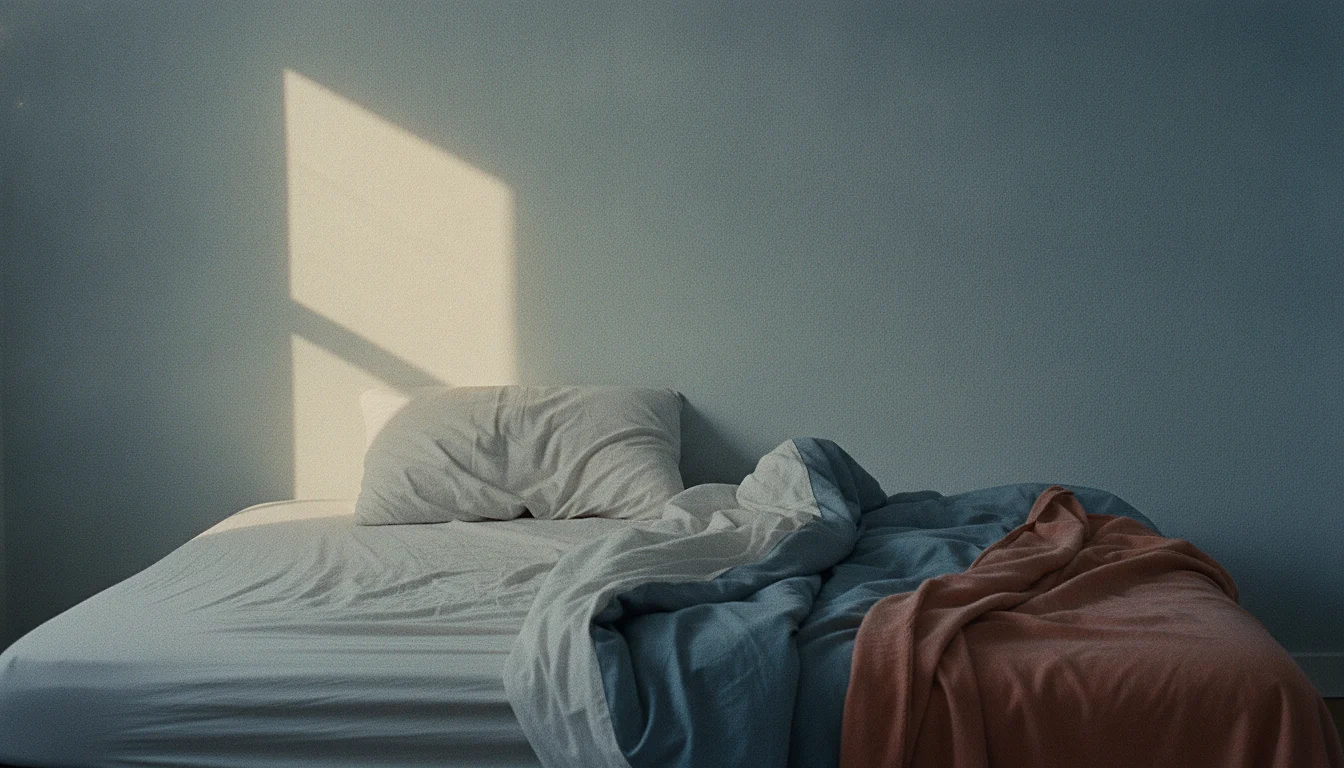 An empty unmade bed at dawn, sheets rumpled from sleep, low sunlight in stripes across the wall.