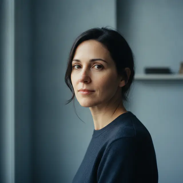 A woman in her late thirties in a plain dark jumper, turned three-quarters away from the camera with her eyes back to the lens in soft window light, a pale blue-grey wall and the blurred edge of a shelf behind her.