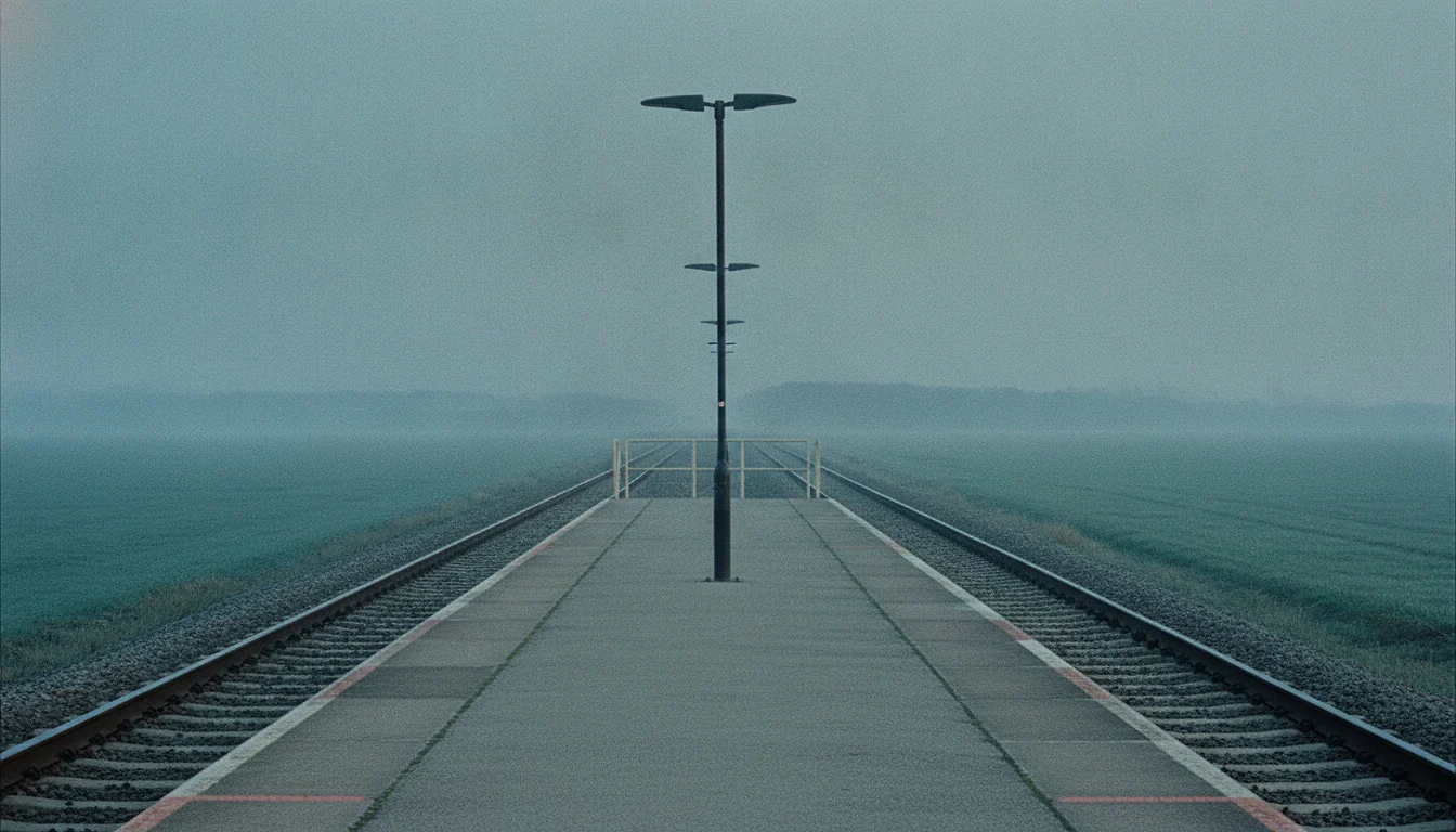 A small empty rural railway platform in morning light, the track bare in both directions.