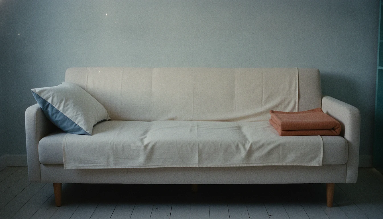 A sofa made up as a bed for one night, with a sheet tucked over the cushions, one pillow and a folded blanket.