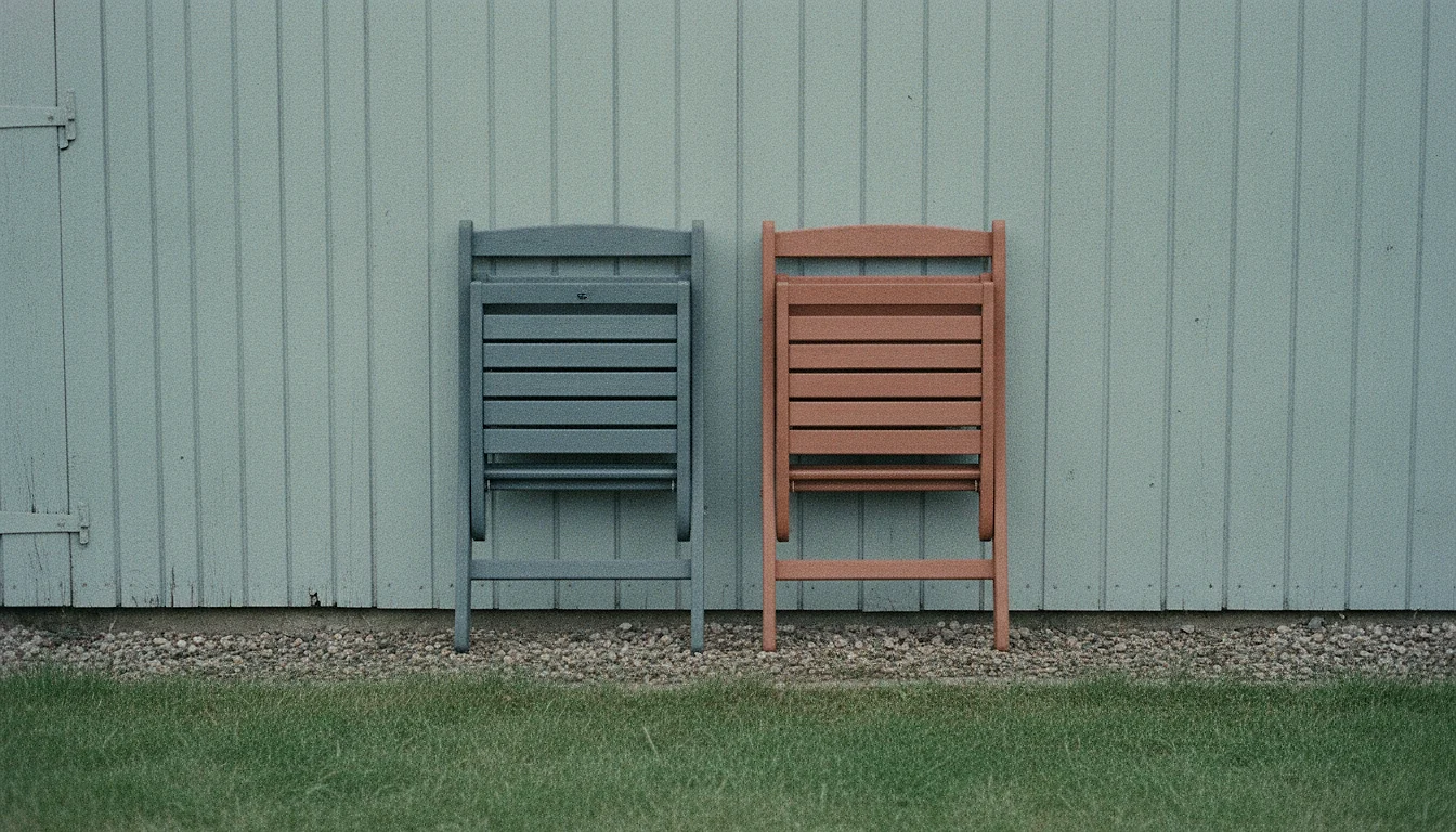 Two folding garden chairs, folded flat and leaned side by side against the outside wall of a shed.