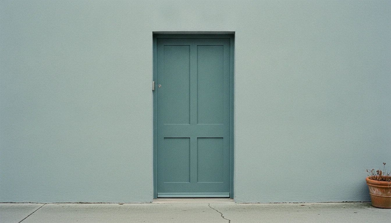 A plain painted exterior door with no handle, hinge side toward the viewer, in a quiet rendered wall.