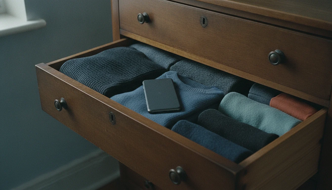 An open dresser drawer with a phone lying screen-down between folded sweaters.