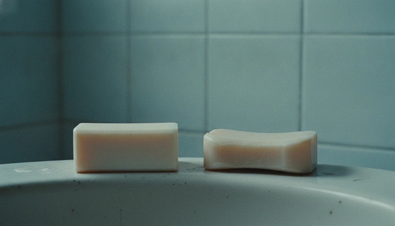 Two identical bars of plain soap side by side on the edge of a washstand, one new and one worn thin.