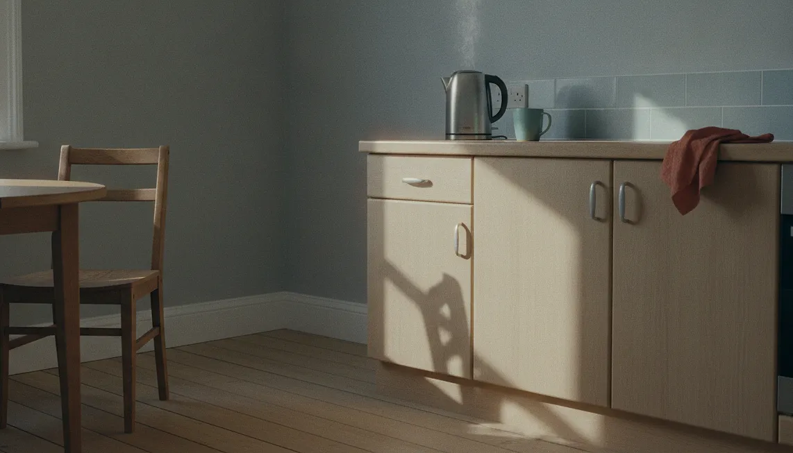 A small kitchen in bright morning light: a kettle just boiled on the worktop with one teal mug beside it, and a chair pulled out from the table.