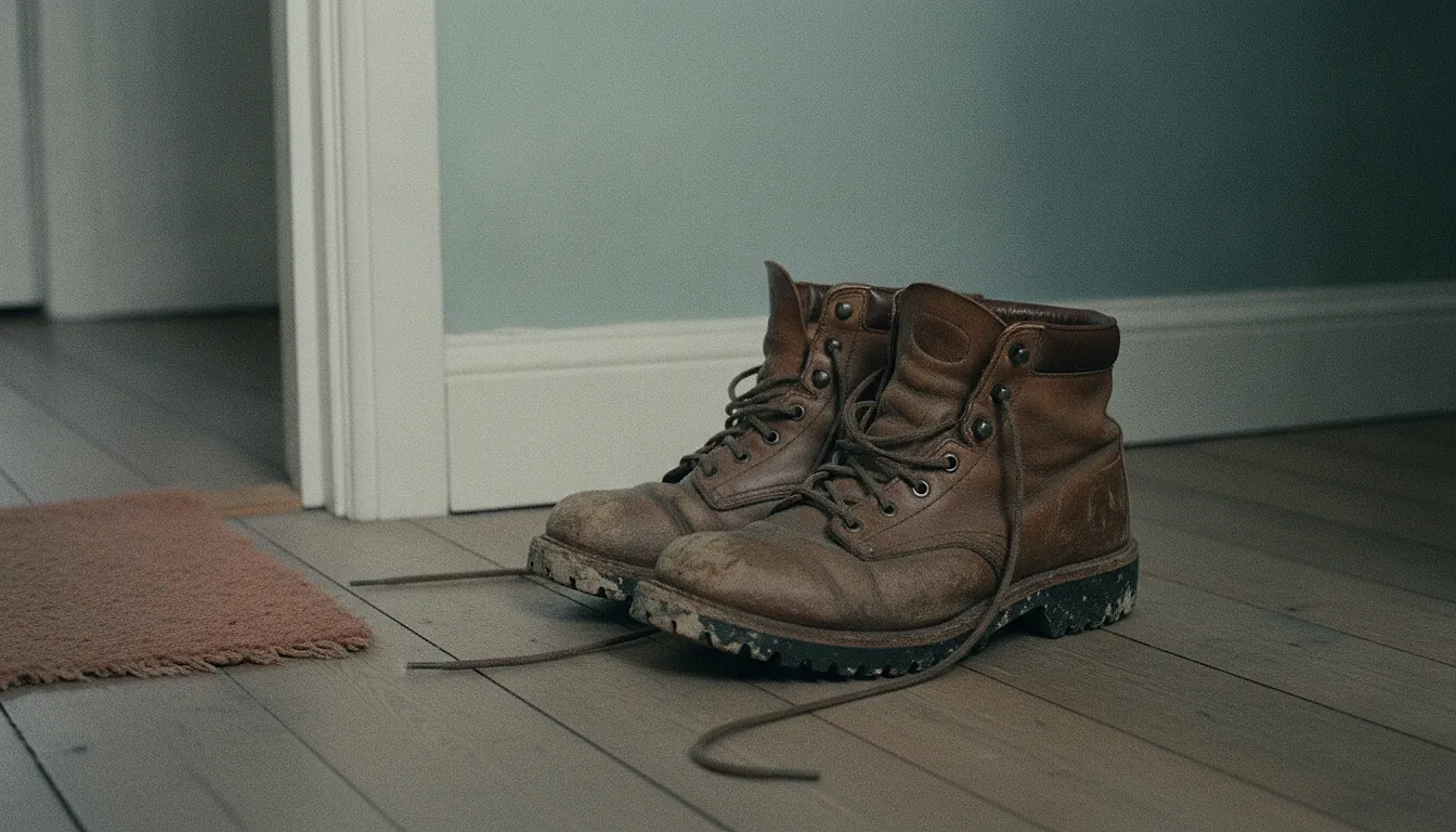 A pair of walking boots set down inside a hallway door, laces loosened, dried mud on the soles.