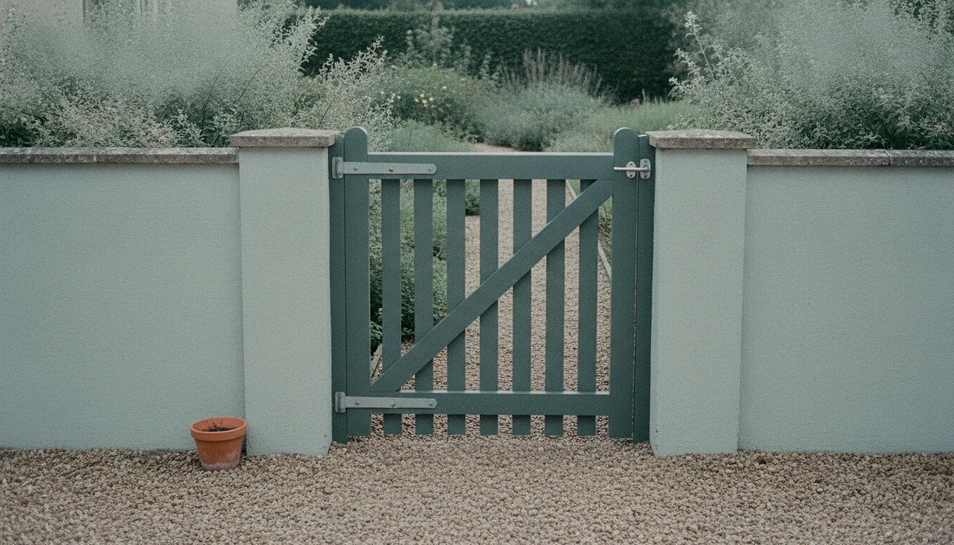 A closed garden gate set into a low wall, with the gravel path continuing on the far side.