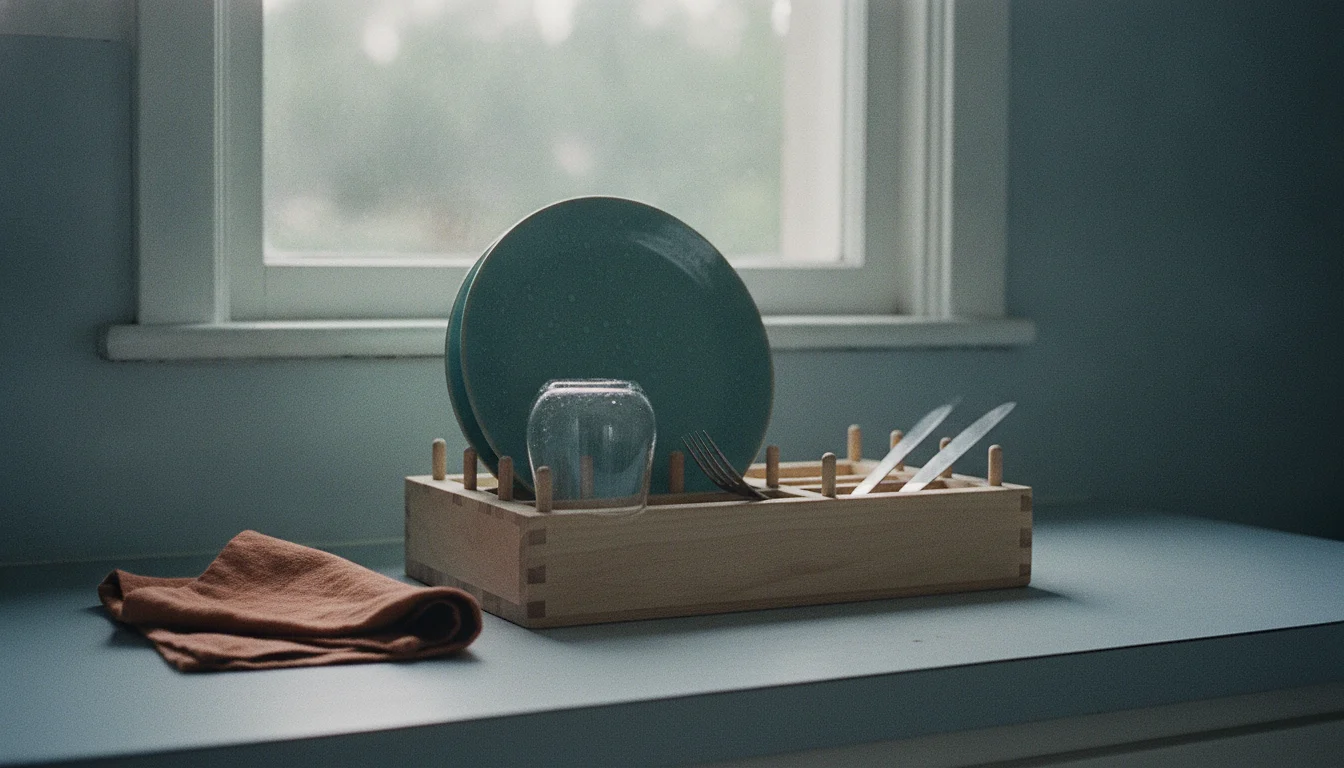A dish rack by a bright window with one plate, one glass and cutlery for one, washed and drying.