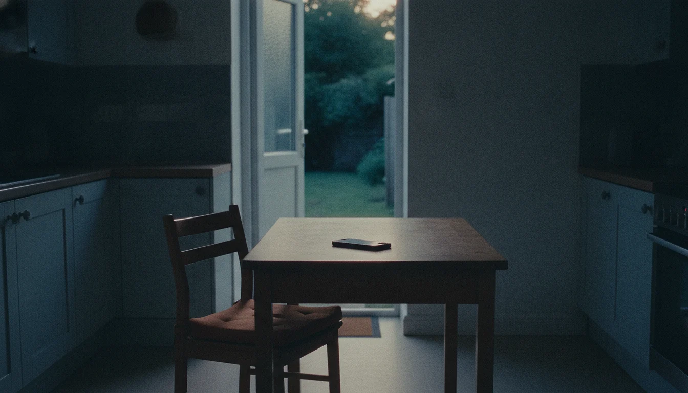 A kitchen table with a phone lying face down, the chair pushed back, and the door open to an evening garden.
