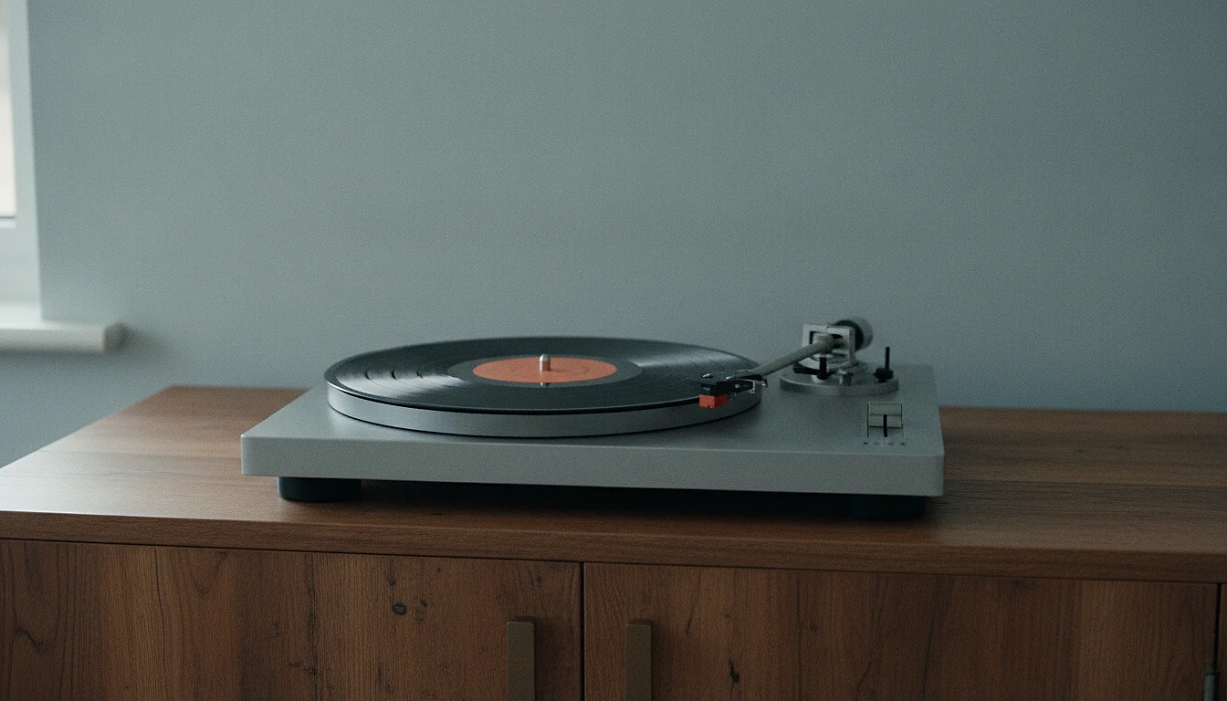 A record on a turntable with the tone arm raised over its edge, the needle not touching the groove.