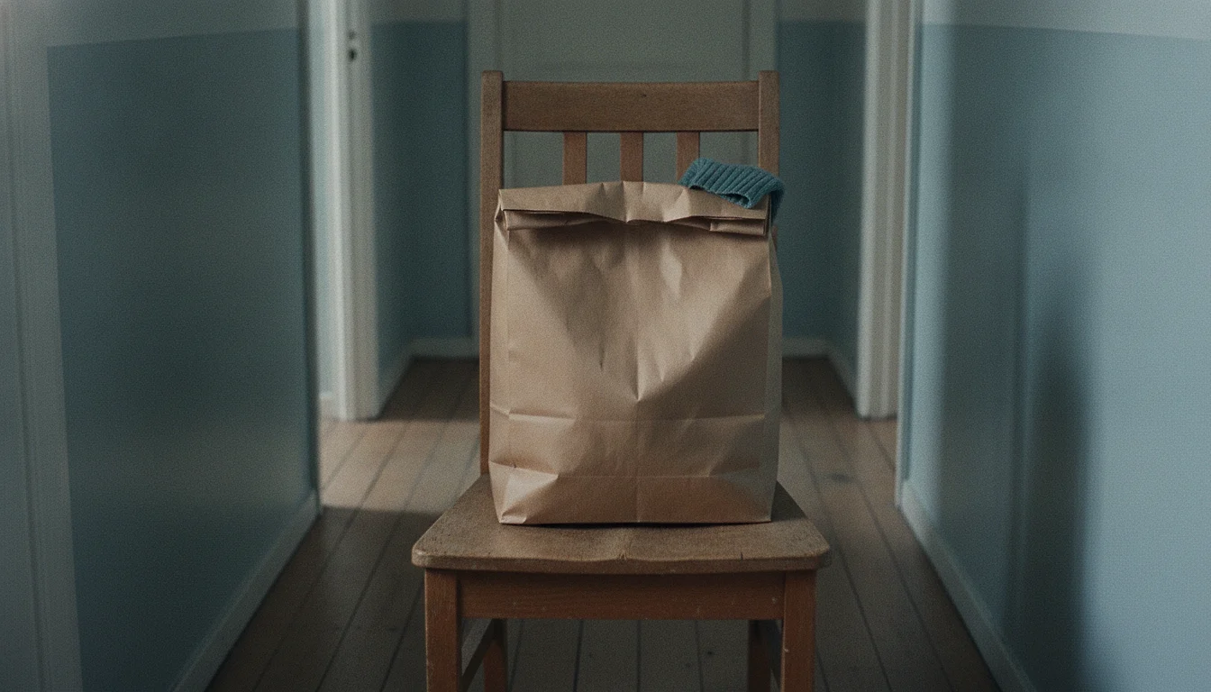 A folded-shut paper bag standing on the seat of a hall chair, the cuff of a sweater visible at the top.