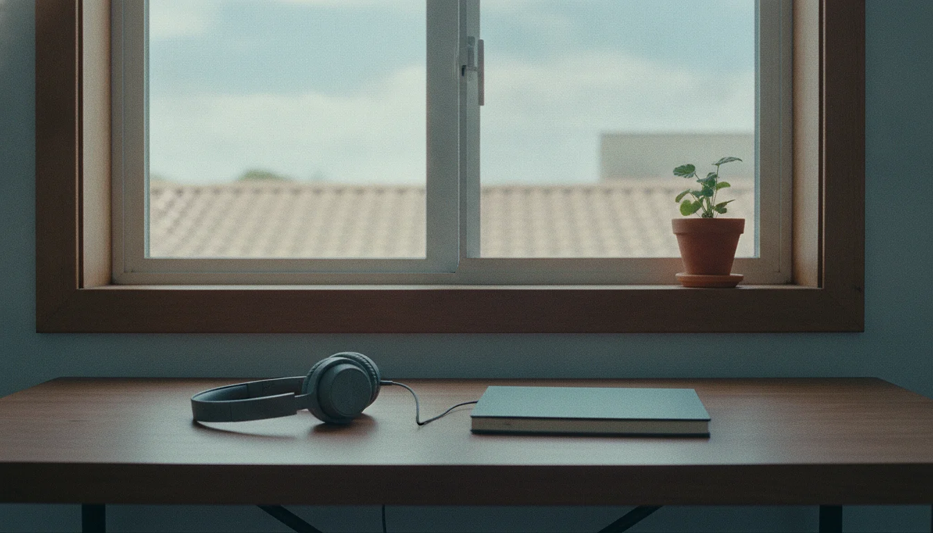 A workplace desk turned toward a window, with over-ear headphones resting on a closed plain notebook.